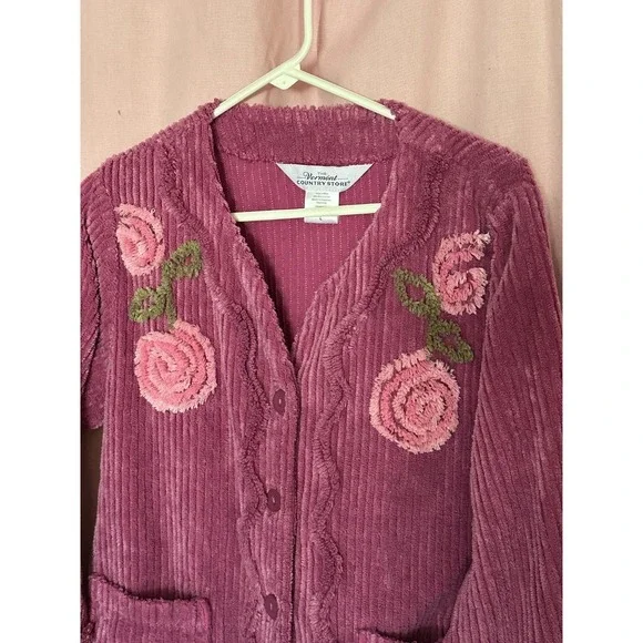 Vermont Country Store Chenille Cardigan Womens L Pink Floral Embroidered Cottage - Picture 3 of 4